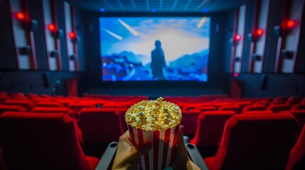 Watching a movie at the cinema with popcorn in hand. The big screen shows action, thrillers, or sci-fi. The theater is dark with red seats. The spectator sees the movie from their point of view.