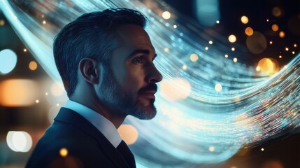 Visionary Leader Contemplating Future with Abstract Lights and Digital Waves