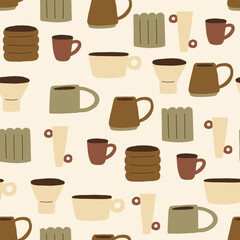 Organic Pottery Ceramic Seamless Pattern. Various Handmade Decorative Vases Walppaper. Vector Graphic Repeat Contemporary Background. Simple Surface Design for Print Art