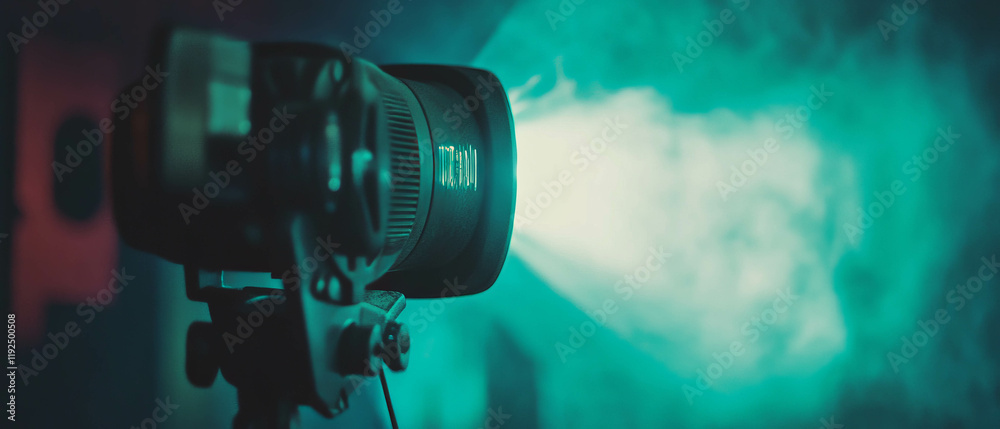 Poster Warm light and dust particles stream from a retro projector in a cozy room setting