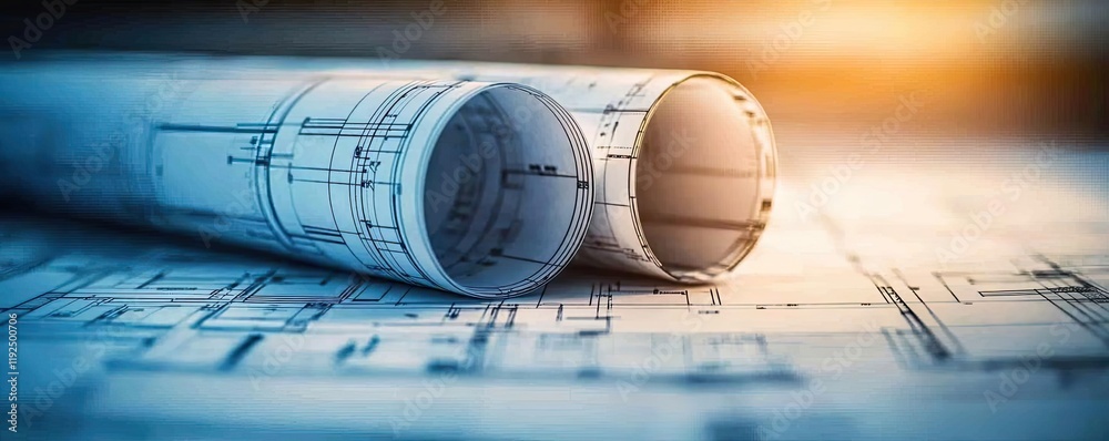Poster architect blueprint idea. detailed architectural plans rolled up, showcasing intricate designs and b