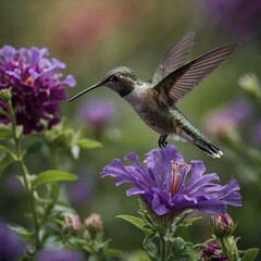 A hummingbird hovering near a bright purple flower in a garden.