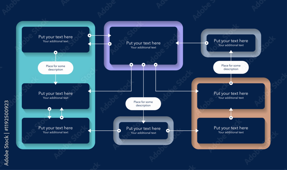 Aufkleber Process flow diagram template with four sections - dark version. Simple infographic template for project data visualization.