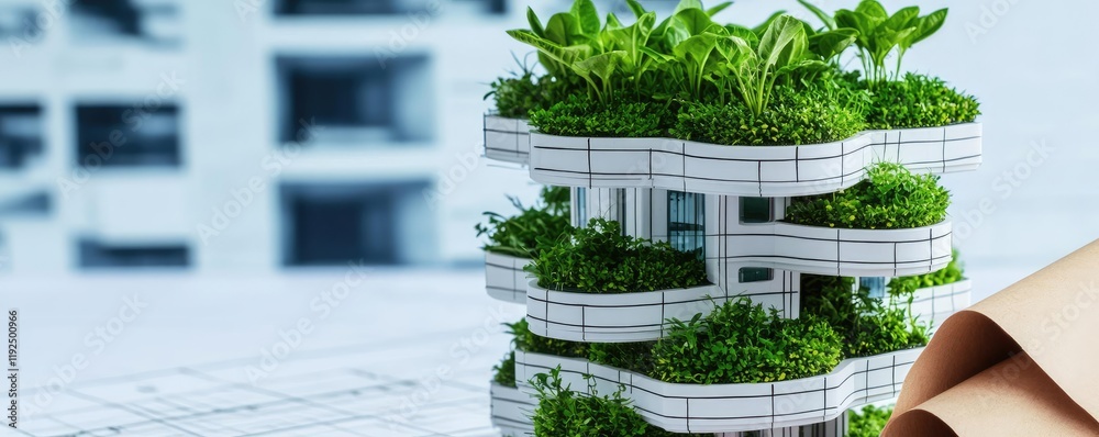 Poster architect blueprint idea. innovative green architecture featuring plants integrated into modern buil