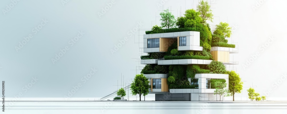 Poster architect blueprint idea. modern eco-friendly architecture blending nature with innovative design.