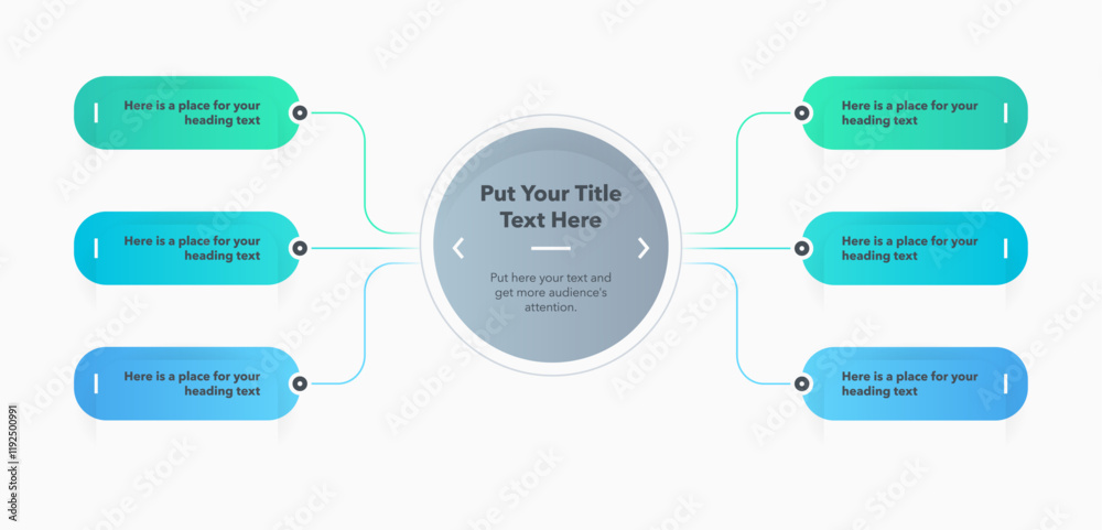 Aufkleber Flowchart infographic with central circle and six colorful options. SImple flat chart design with thin lines for website or data presentation.