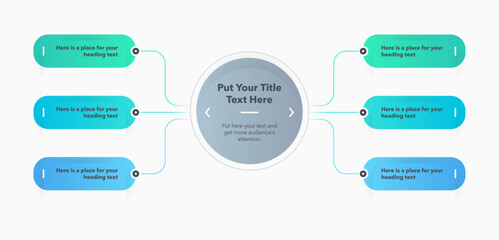 Flowchart infographic with central circle and six colorful options. SImple flat chart design with thin lines for website or data presentation.