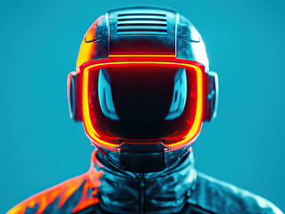 futuristic helmet with glowing red visor and sleek design, set against vibrant blue background