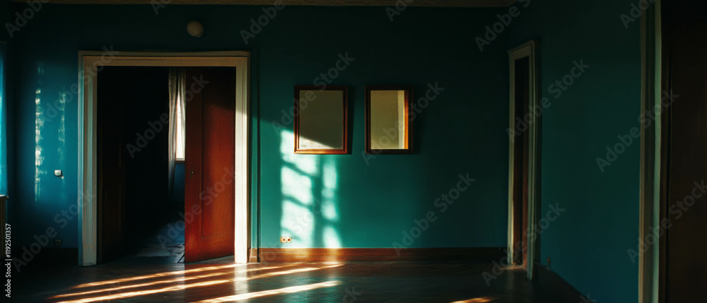 Poster sunlight streaming through a retro room with dark corners and classic framing