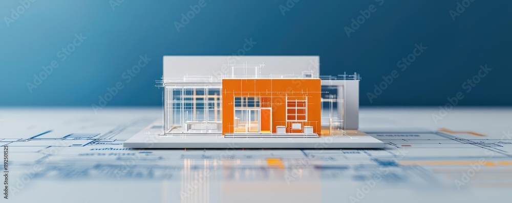 Poster Architect blueprint idea. Modern architectural model showcasing innovative design and functionality in urban space.