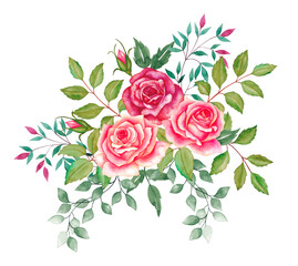 Bouquet of roses and leaves. Watercolor illustration.