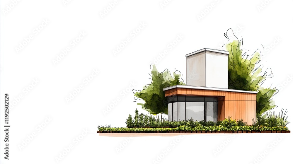 Poster Architect sketching concept. Modern architectural design with clean lines and greenery for a sustainable look.