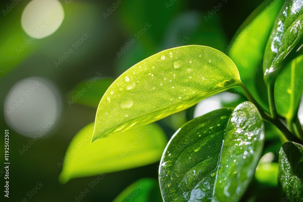 Poster a close-up of a green leaf with water droplets on its surface, highlighting the texture and moisture
