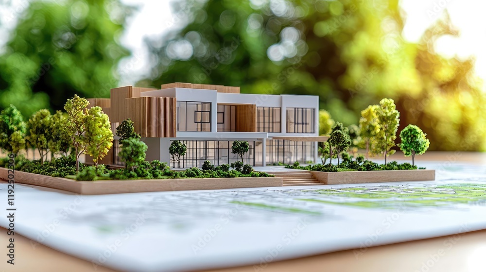 Poster architect project idea. a detailed architectural model surrounded by greenery, showcasing innovative