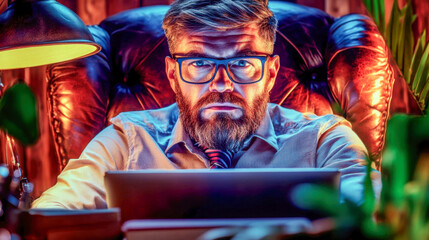 Obraz premium Intense concentration of a businessman in a cozy office setting during late evening hours
