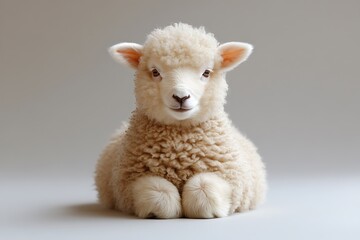 Adorable Fluffy Lamb Sitting Against Grey Background