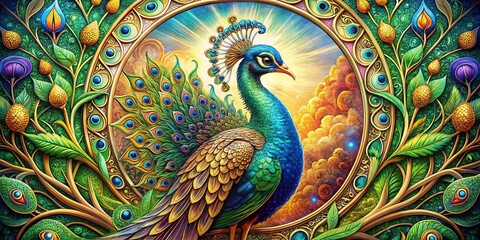 Fototapeta premium Art Nouveau Peacock: Luxurious Circular Landscape