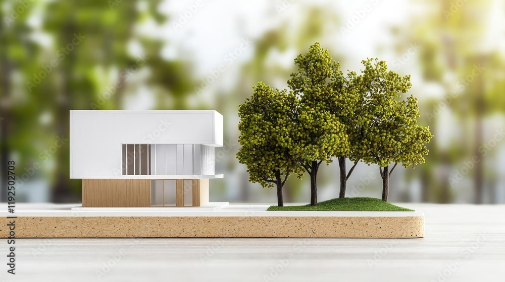 Poster architect project idea. stylish architectural model showcasing modern house design with trees and gr