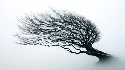 Obraz premium Windswept tree in fog, nature scene, weather impact