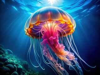 Naklejka premium Bioluminescent Aurelia Jellyfish Glowing in Deep Blue Ocean Water - Stock Photo