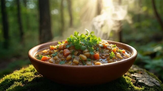 Guiso de lentejas con verduras en un cuenco de barro en el bosque