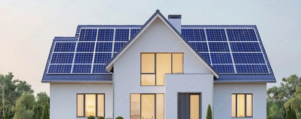 Poster Architect sketching concept. Modern house with solar panels and large windows in a serene environment.