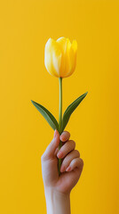 yellow tulip in hand, tulip in hand, holding a flower