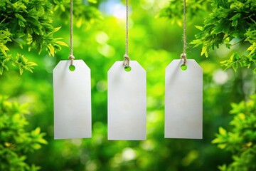 Blank Price Tags Hanging on Vibrant Green Background - Retail & Craft Pricing