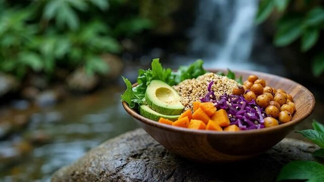 Ensalada saludable en cuenco de madera junto a una cascada en la naturaleza