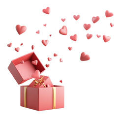 The gift box is open and pink hearts are pouring out and floating in the air, on transparent background. 3d render illustration.