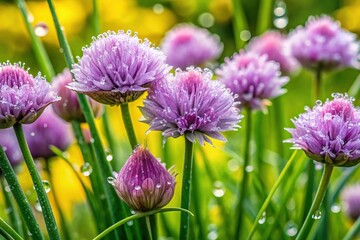 Fototapeta premium Blooming Chives & Creeping Jenny After Rain - Vibrant Garden Stock Photo