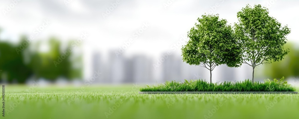 Poster architect blueprint idea. lush green trees on a vibrant field with a blurred city skyline in the bac