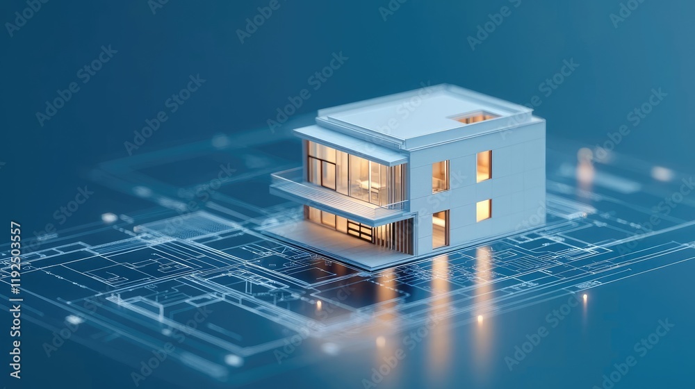 Poster Architect blueprint idea. A modern architecture model on a blueprint background showcasing design creativity.