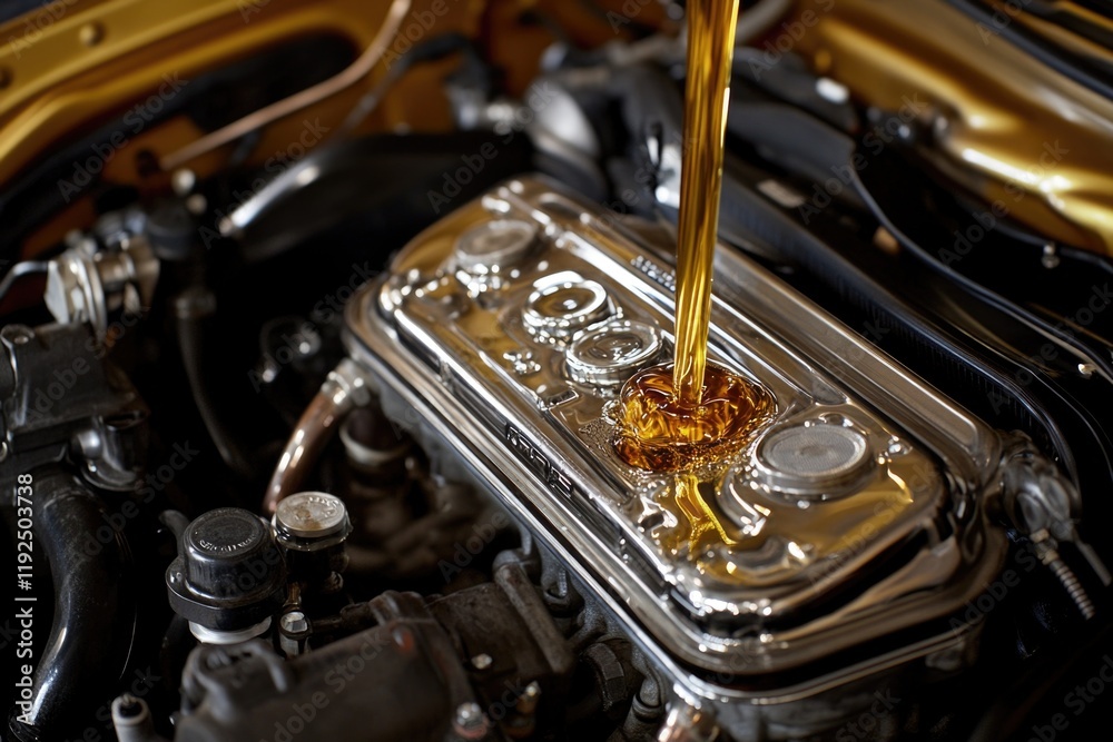Poster a close-up view of a car engine with oil leaking from the top, perfect for depicting mechanical fail