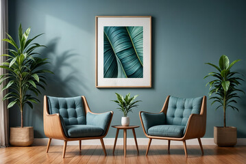 Two blue leather armchairs against a plaster wall with poster frames. Mid century modern living room interior design.