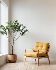 Scandinavian home interior design of modern living room with mid-century modern yellow upholstered armchair placed near large window. Potted decorative tree with delicate branches adds natural charm.