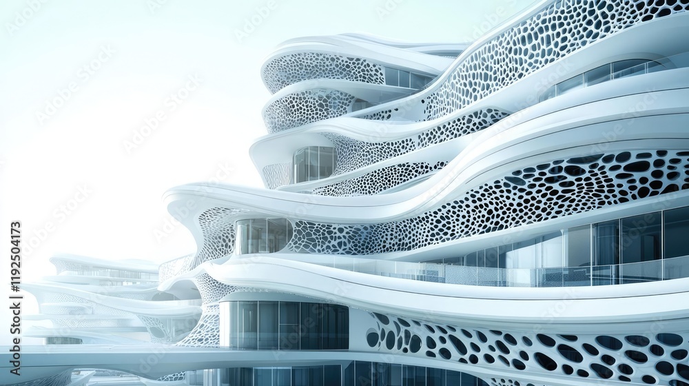 Poster Architect blueprint idea. Futuristic architectural design featuring smooth, wavy structures and intricate patterns.