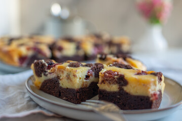 Chocolate cheesecake layered with brownie and dark cherrie