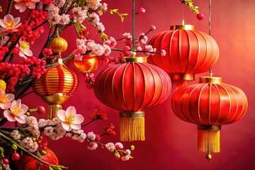 Chinese New Year Portrait: Red Background, Flowers, Decorations & Copy Space