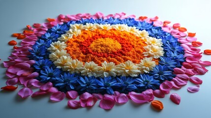 Colorful floral rangoli design on the floor in a bright indoor setting