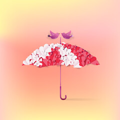 Valentine's Day background with umbrellas and decorations of love signs and birds