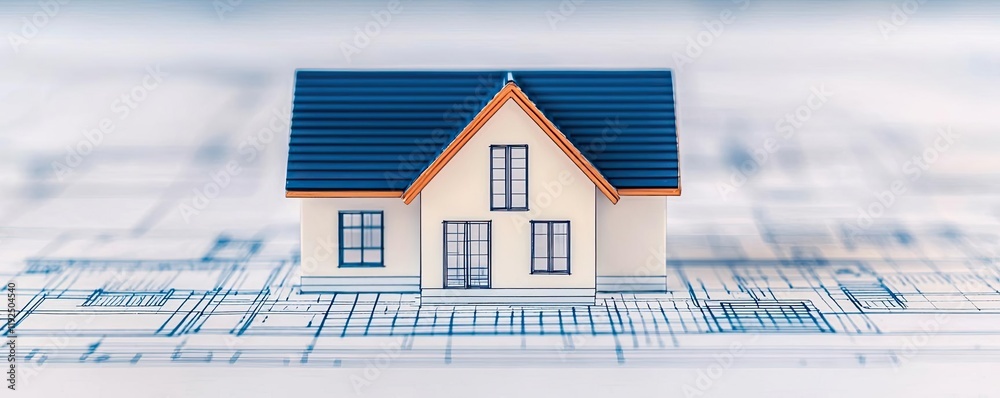 Poster architect project idea. miniature house model on blueprints, symbolizing construction and design pla