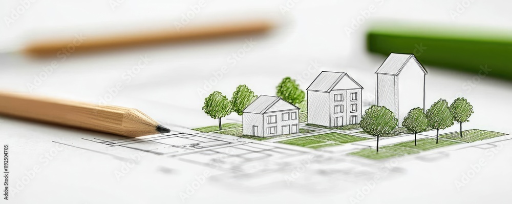 Poster architect sketching concept. architectural design sketch with colored pencils illustrating a housing