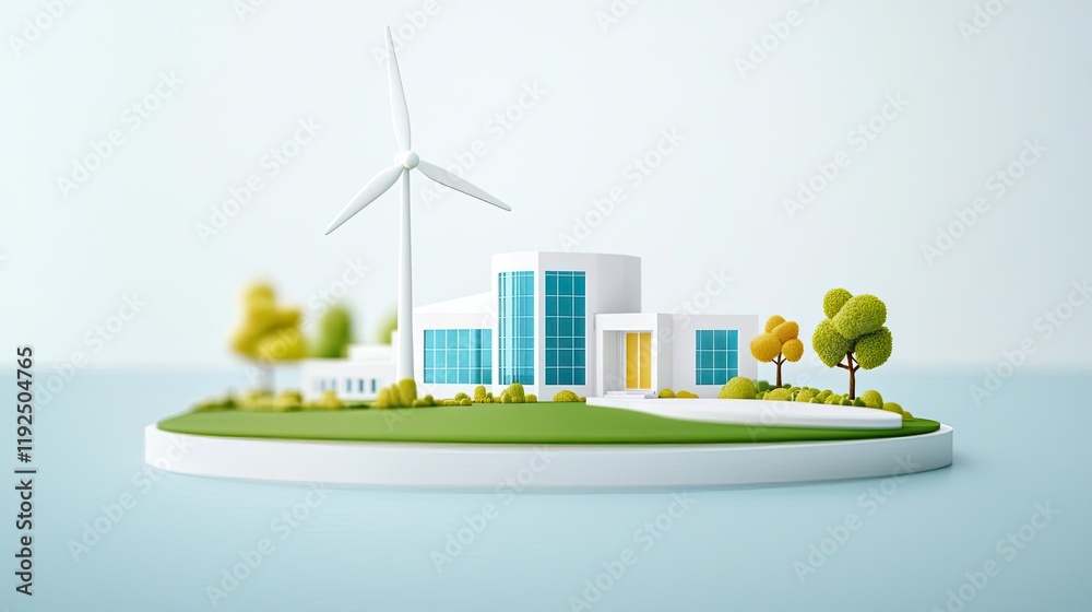Poster Architect sketching concept. A modern building with wind turbines and greenery promoting sustainable architecture.