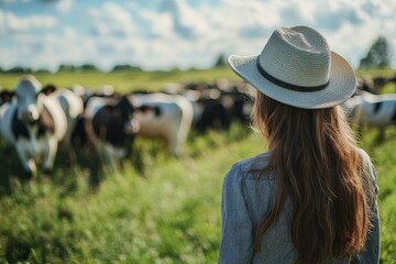 Woman observing herd of cows in lush green pasture under cloudy sky at golden hour