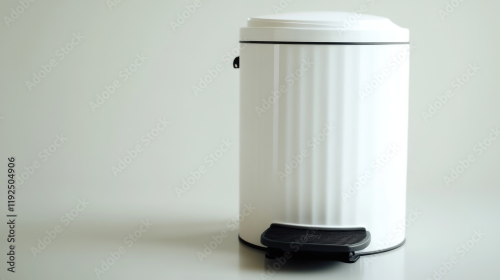 Poster a simple white trash can placed on a table, suitable for office or home use