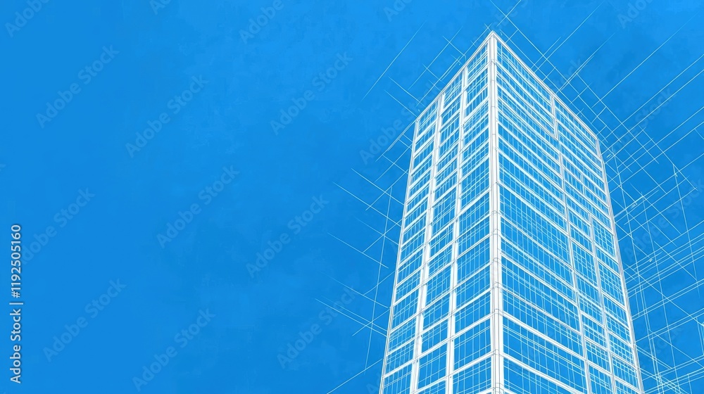 Poster architect blueprint idea. modern skyscraper design against a clear blue sky incorporating architectu