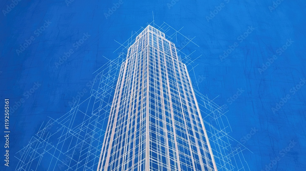 Poster architect blueprint idea. an artistic blueprint of a towering skyscraper against a vibrant blue sky.