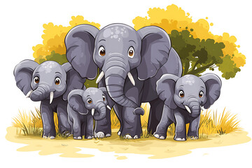 A family of cartoon elephants stands together in a grassy area with trees in the background.