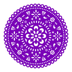 Papel Picado vector floral template round design with flowers, Mexican party paper decorations pattern in purple